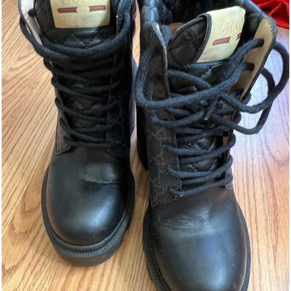 Gucci Black Quilted GG Canvas Platform Lace-Up Boots - Picture 2 of 2